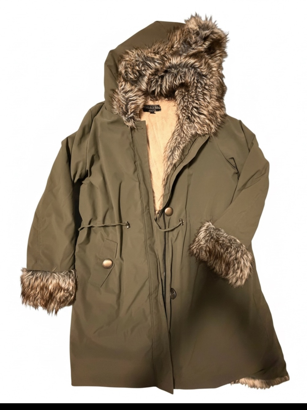 Fabulous Furs Olive Green Jacket with Cream Faux Fur Lining-2XL